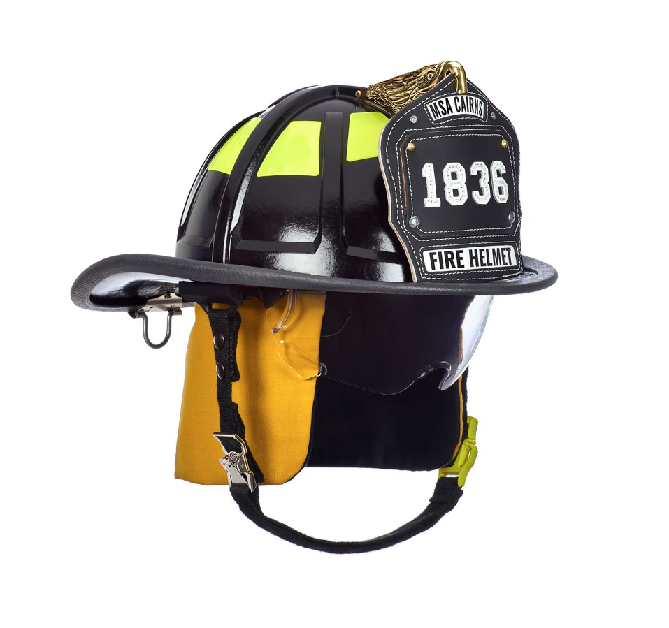 CAIRNS® - 1836 Black Fire Helmet, with standard liner, clear Defender Visor, Yellow Nomex earlaps, 6" carved eagle, Reflexite lime yellow