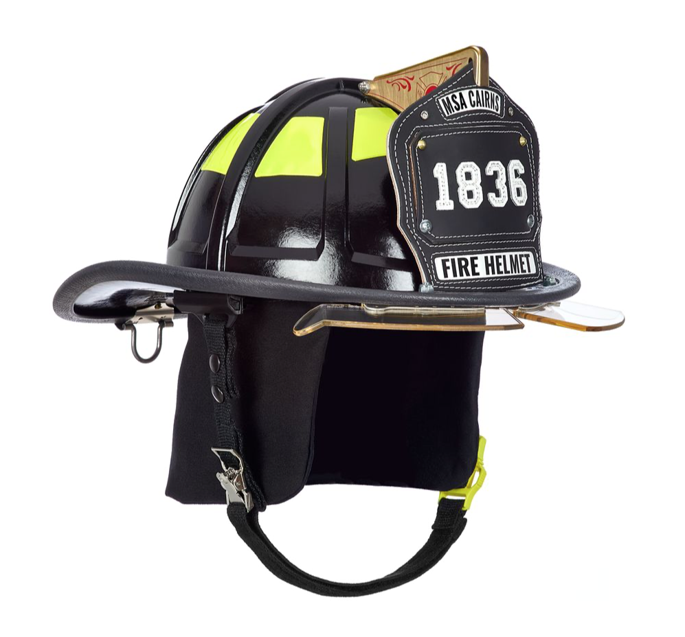Cairns® - 1836 Black Fire Helmet, with standard liner, bourkes Bourkes Tuffshield Visor, Black Nomex earlaps, 6" maltese cross, Reflexite lime yellow