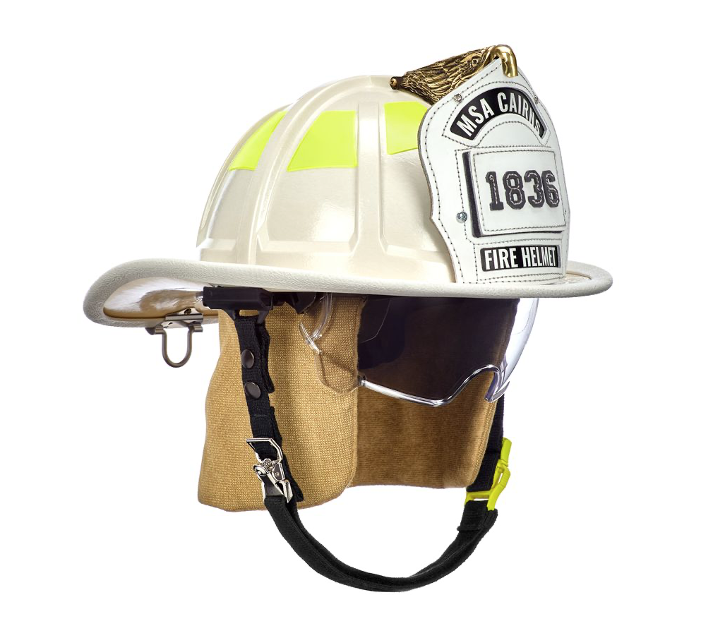 CAIRNS® - 1836 White Fire Helmet, with deluxe leather liner, clear Defender Visor, PBI earlaps, 6" carved eagle, Reflexite lime yellow