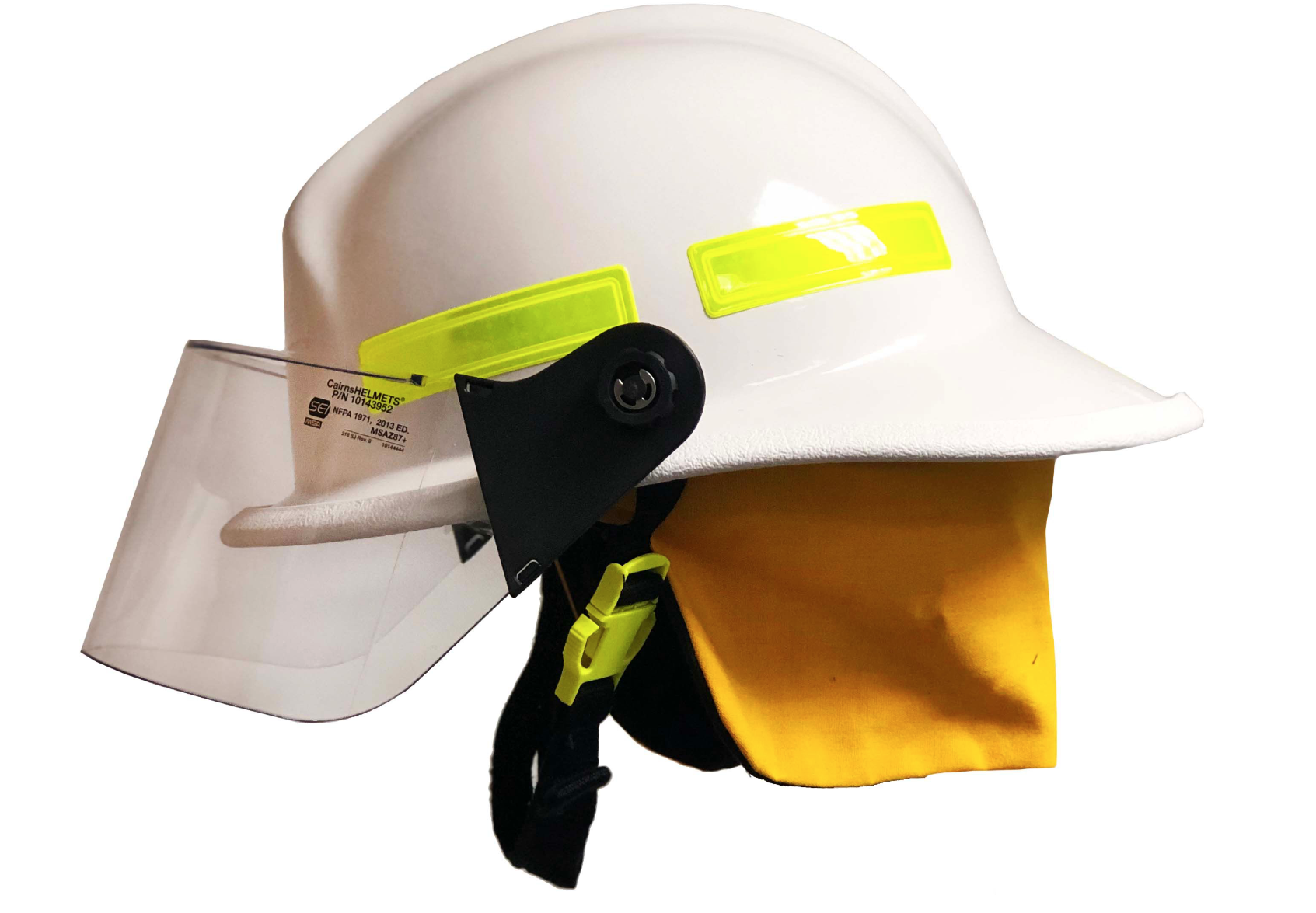 CAIRNS® - 664, White, 4“ Standard Faceshield, Standard Flannel Liner, Nomex Earlap, Nomex Chinstrap w/ Quick Release & Postman Slide, Lime/Yellow Reflexite