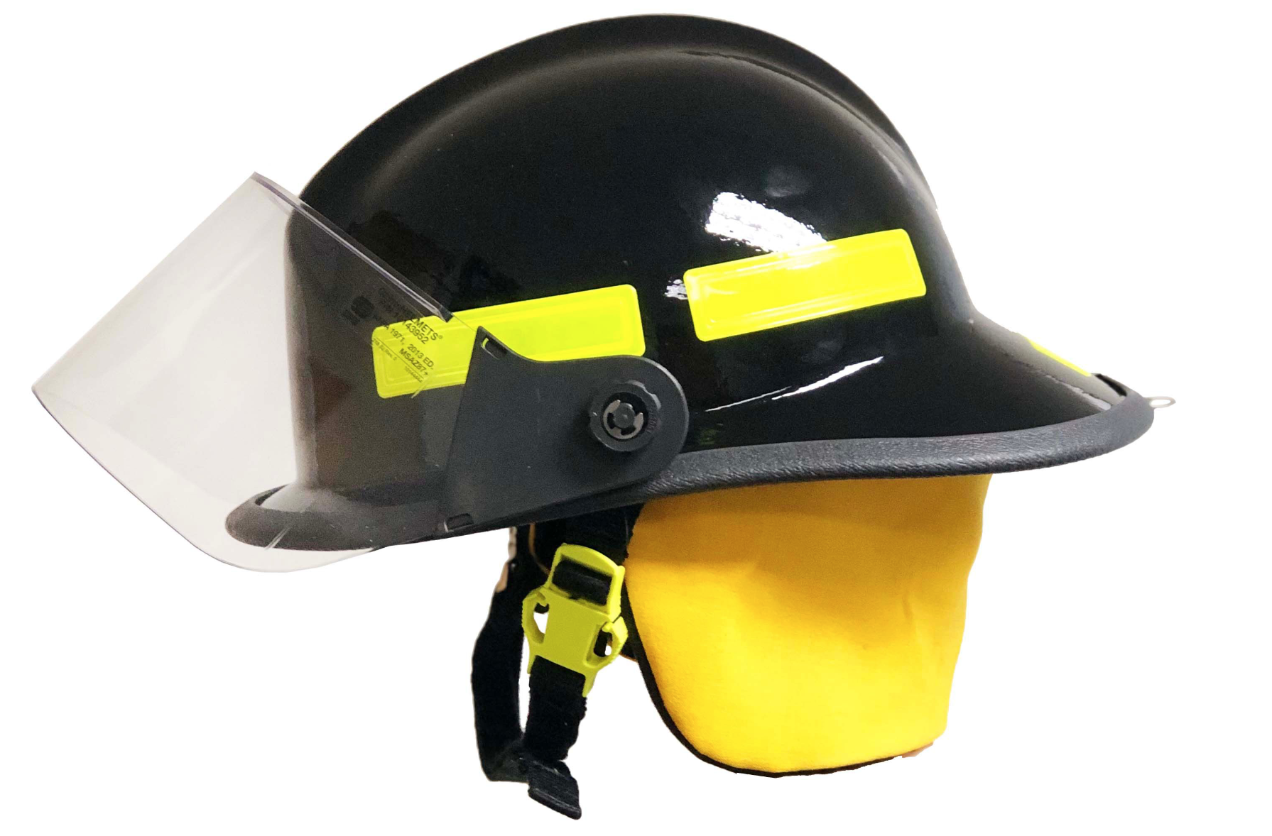CAIRNS® - 664, Black, 4“ Standard Faceshield, Standard Flannel Liner, Nomex Earlap, Nomex Chinstrap w/ Quick Release & Postman Slide, Lime/Yellow Reflexite
