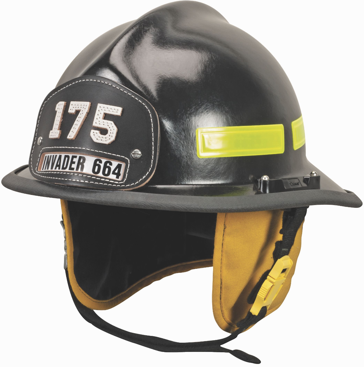 CAIRNS® - 664 w/ Defender, Black, Standard Flannel Liner, Nomex Earlap, Nomex Chinstrap w/ Quick Release & Postman Slide, Lime/Yellow Reflexite