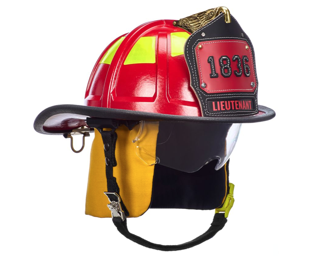 CAIRNS® - 1836 Red Fire Helmet, with standard liner, clear Defender Visor, Yellow Nomex earlaps, 6" carved eagle, Reflexite lime yellow