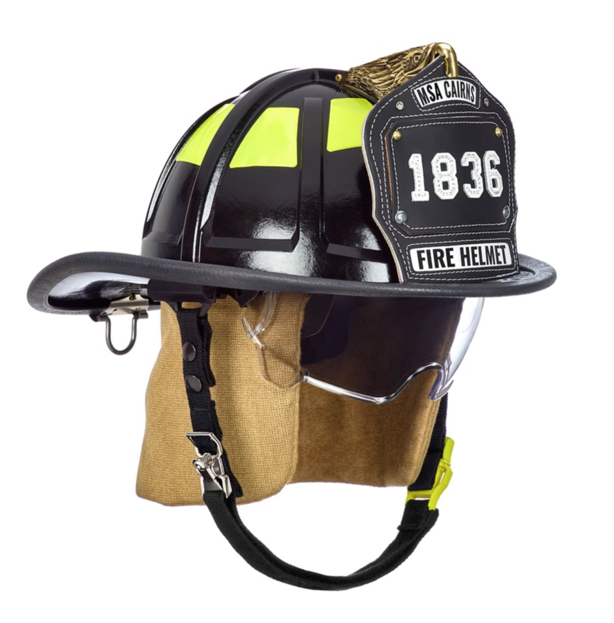 CAIRNS® - 1836 BLACK FIRE HELMET, WITH DELUXE LEATHER LINER, CLEAR DEFENDER VISOR, PBI EARLAPS, 6" CARVED EAGLE, REFLEXITE LIME YELLOW