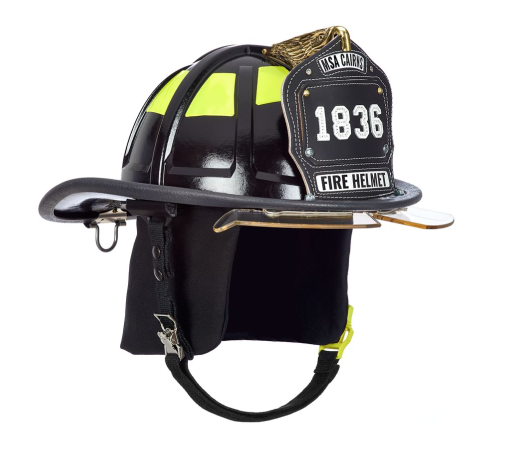 CAIRNS® - 1836 Black Fire Helmet, with standard liner, bourkes Bourkes Visor, Black Nomex earlaps, 6" carved eagle, Reflexite lime yellow